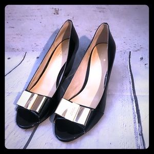 Kate Spade Black Open-Toe Wedge Heel with Gold Bow